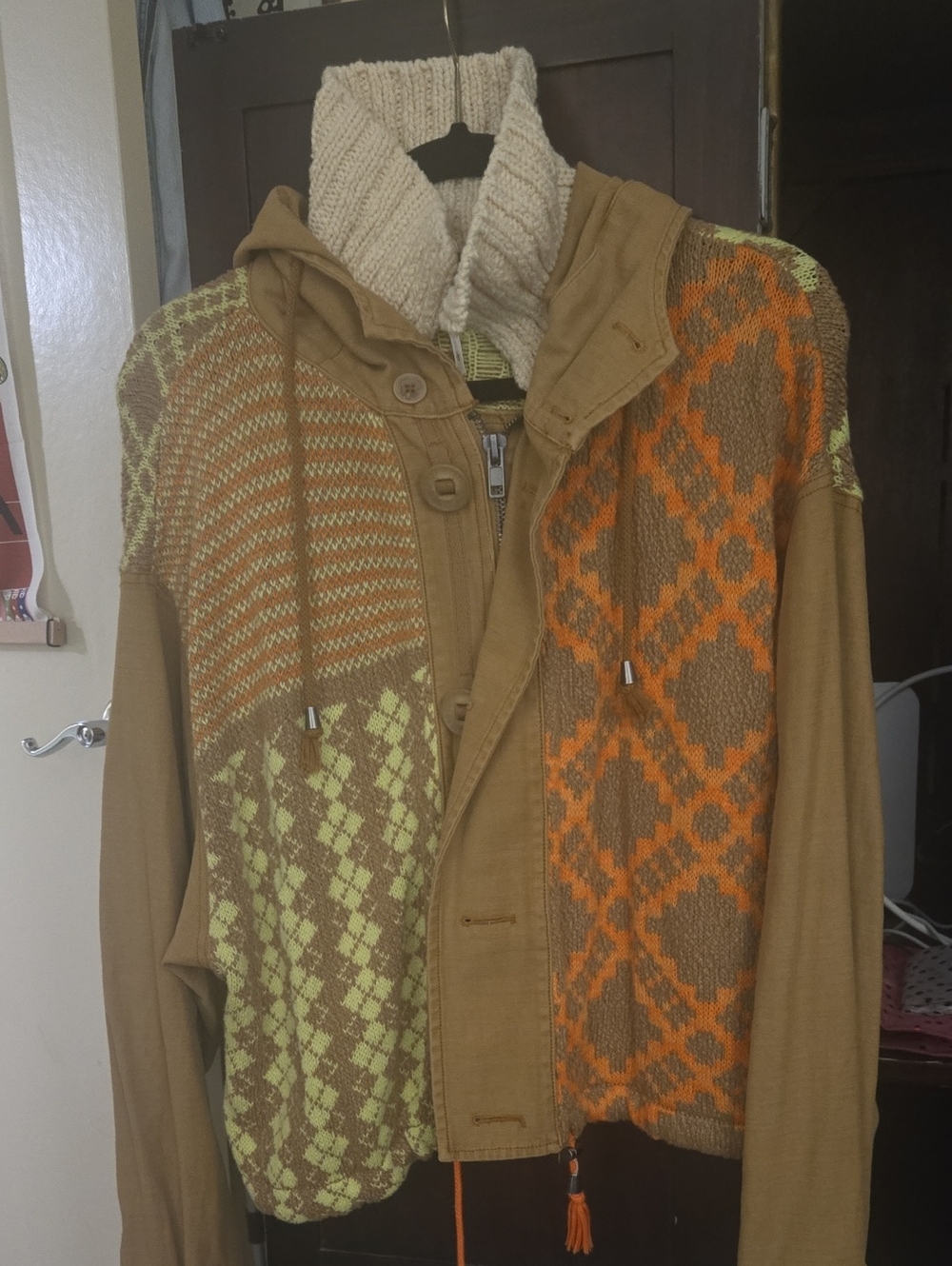 Free People Mixed Knit Hooded Cardigan Jacket Sweater - Brown, Orange, Lime